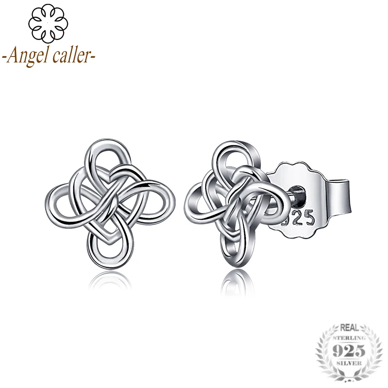 

Angel Caller Authentic 925 Sterling Silver Celtics Knot with Love Heart Stud Earrings Fine Jewelry for Women Girls Birthday Gift