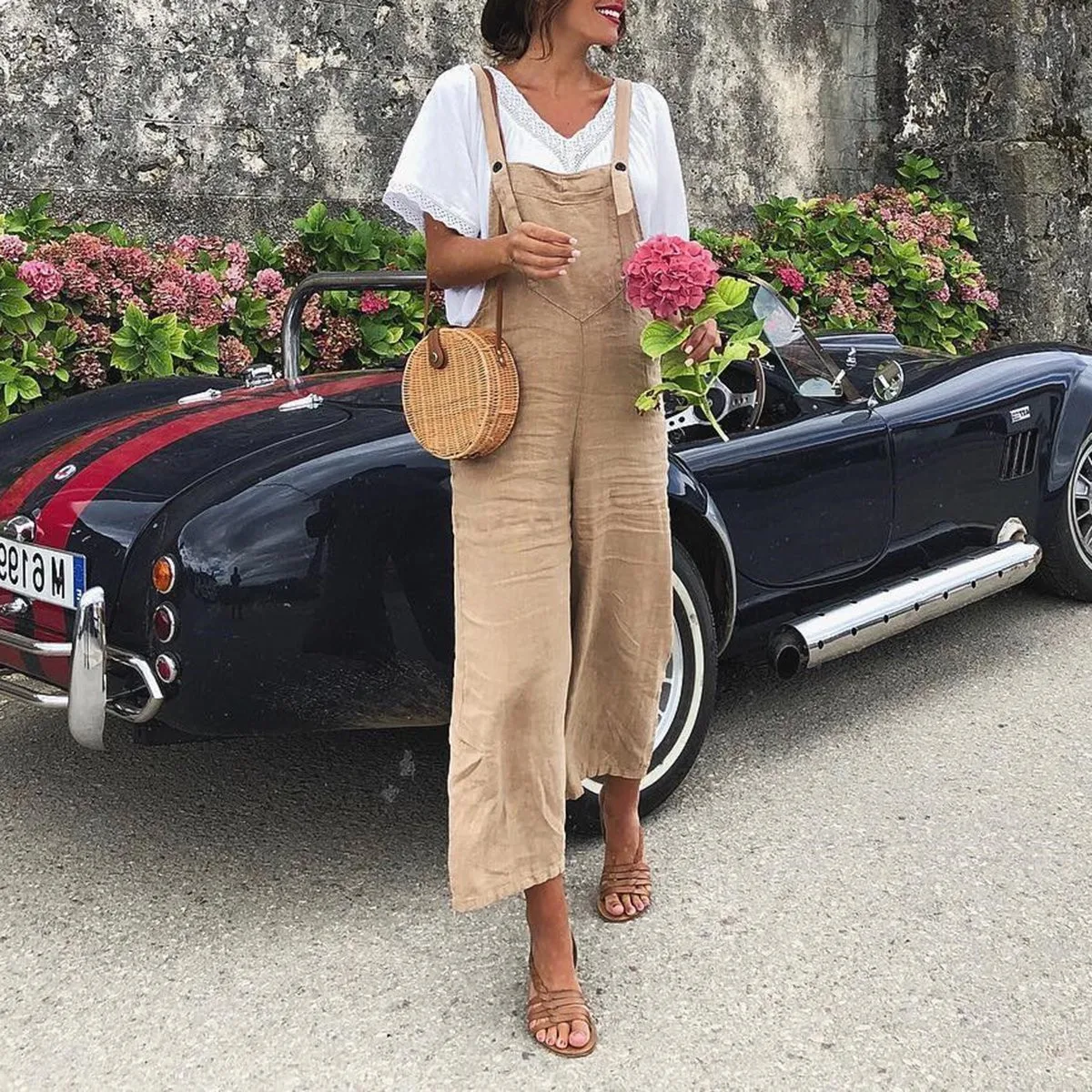 

Jumpsuit Casual cotton linen women jumpsuit Solid buttons plus size cotton overalls Straight female holiday jumpsuits 2019