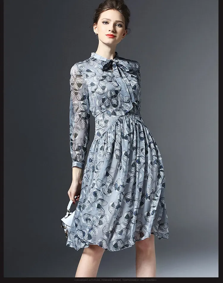 New Autumn Dress Women Butterfly Print Dress Robe Femme Casual Long Sleeve Women Dresses Bow Chiffon Vestidos Mujer 2019 (5)