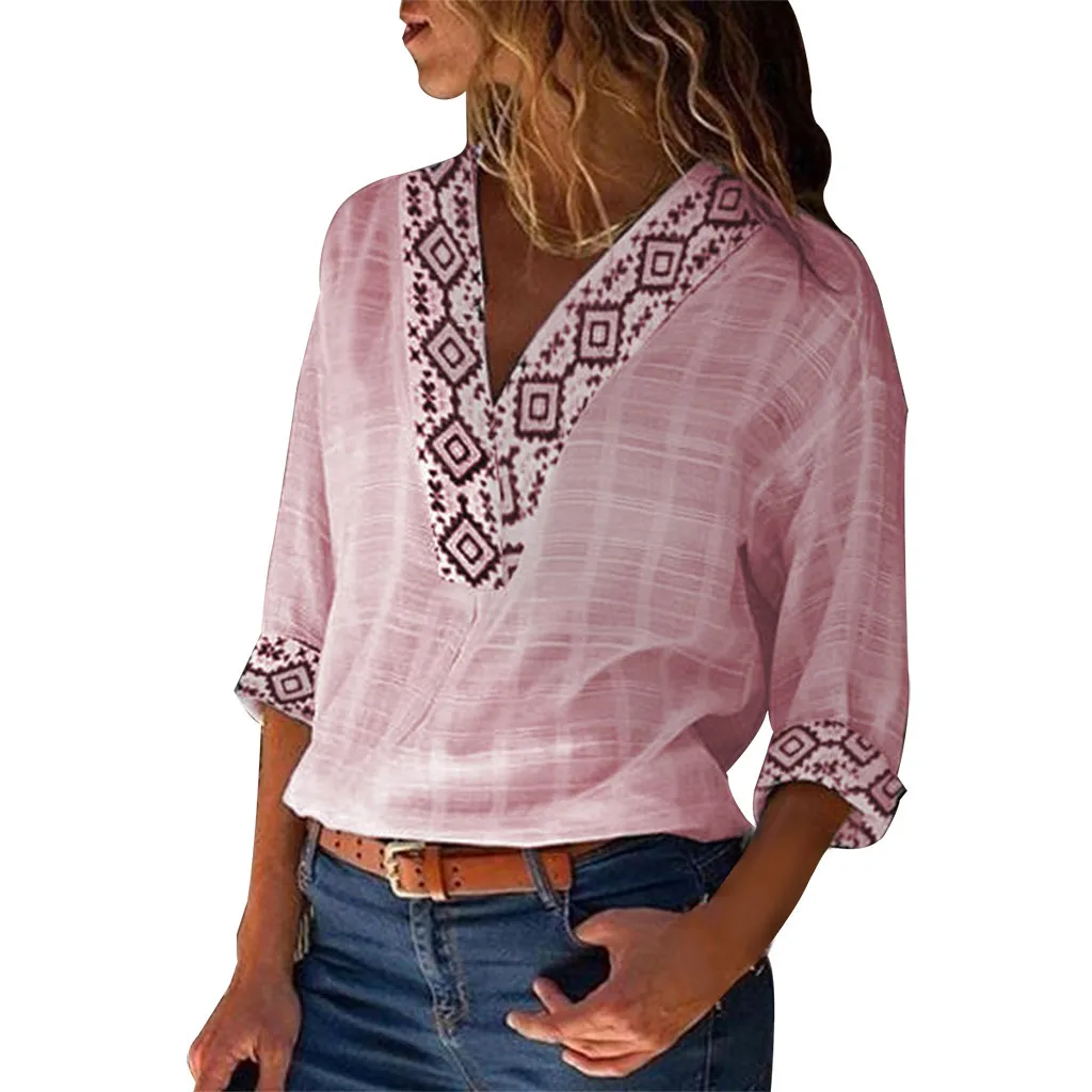 

T shirt Women V Neck Summer Print 3/4 Sleeve Cotton Linen Flared T-shirt Loose Stretch Soft Daily Casual Tops women's T-shirts