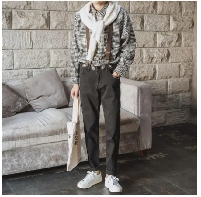 Mens summer Solid Loose Hairstylist High Waisted Straight casual Pants