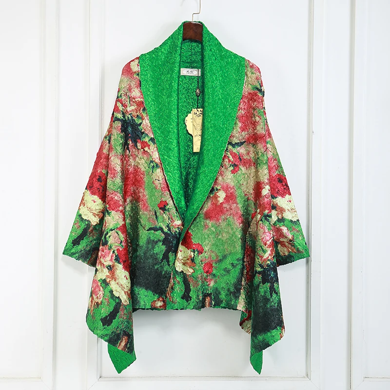 Fashion Women Elegant green Jacket flower printed double side wear