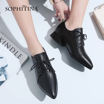 

SOPHITINA Autumn Classics Women's Pumps Cow Leather Med Square Heel Lace-Up Fashion Pointed Toe Shoes Shallow Casual Pumps MO26