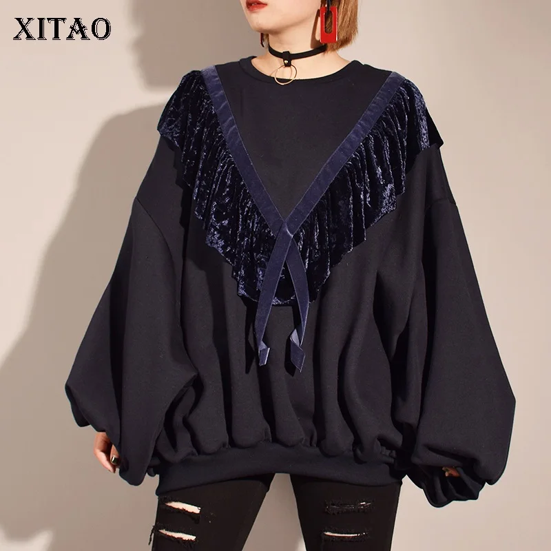 

[XITAO] Korea 2019 Autumn New Casual Women Solid Color Patchwork Lantern Sleeve Sweatshirt Female Full Sleeve Sweatshirt XWW433