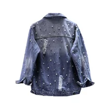 Бисероплетение женские джинсы пальто осень BF Женская ветровка джинсы оверсайз куртка жемчуг свободная джинсовая куртка для женщин уличная