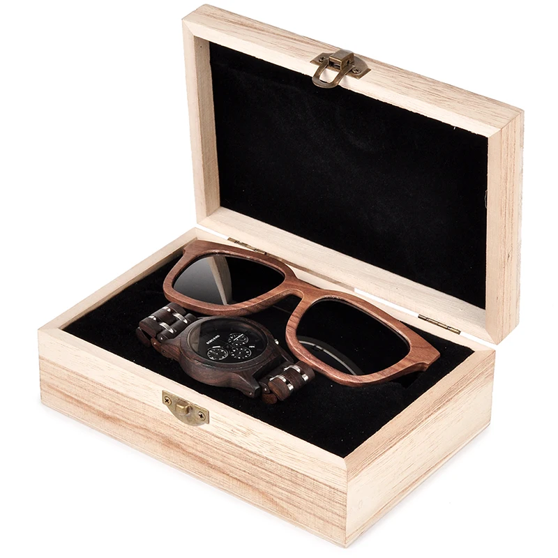 BOBO BIRD Wooden Watches Men Sunglasses in Suit Present Box Gift BoxQuartz Wristwatch Male Stopwatch saat erkek Timepieces
