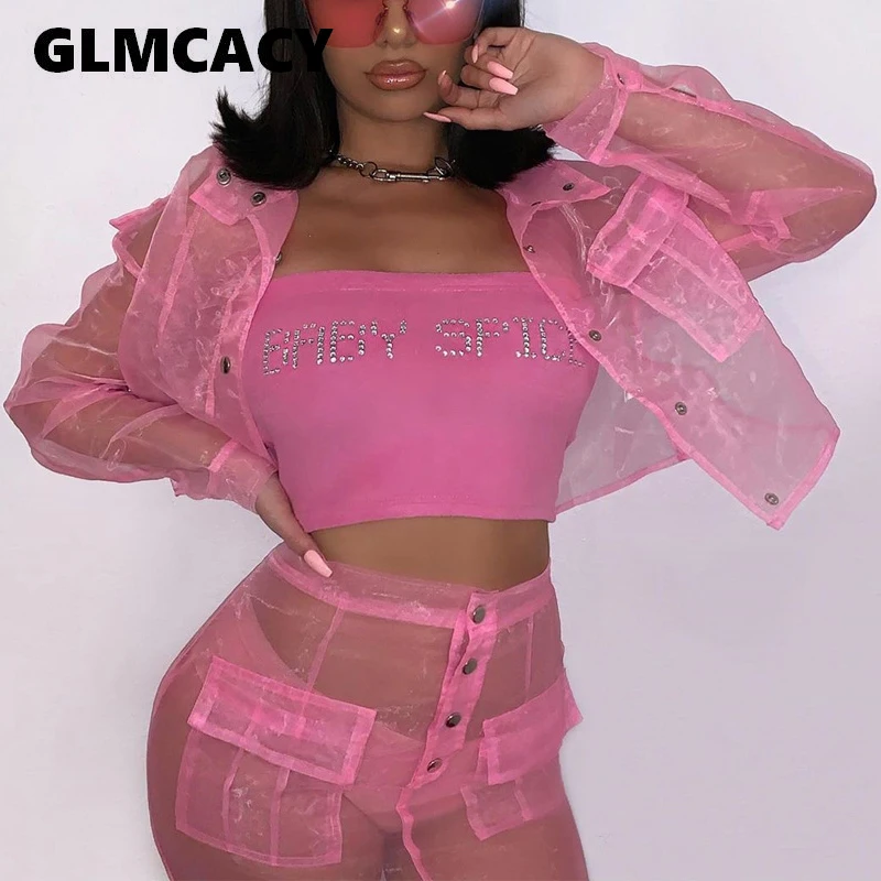 

Women 2 Pieces Summer Fall See Through Outfits Turn Down Collar Button Jackets Top and Mini Skirt Set Night Party Clubwear