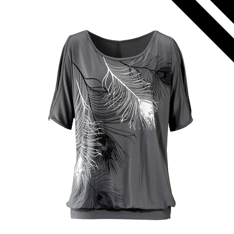 

Feather Print Women T Shirt Off Shoulder Top Tee 2019 Summer Loose Plus Size Women Tops Ladies T Shirt Femme Plus Size Clothing