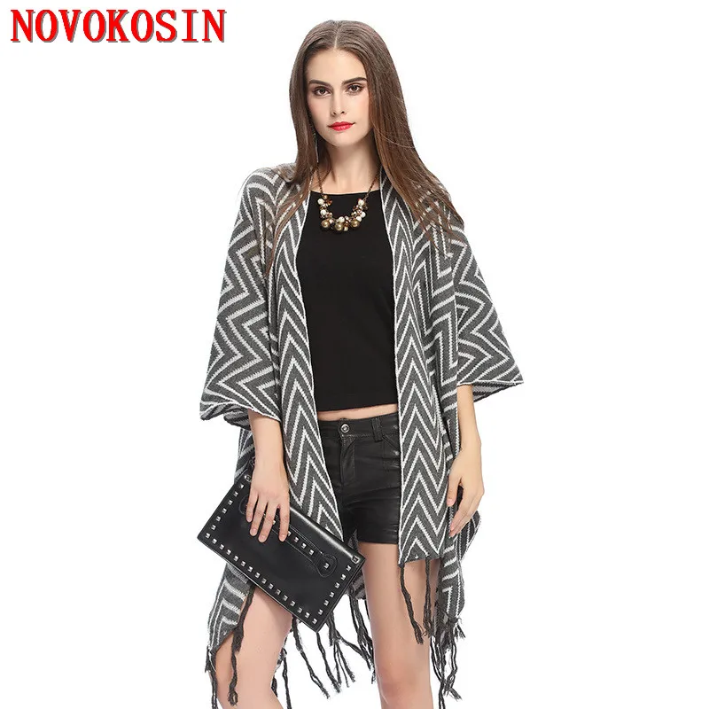 

SC168 2018 Autumn Spring Knitted Scarf Luxury Loose Pashmina Women Wave Striped Female Short Sleeves Wrap Warm Tassel Shawl
