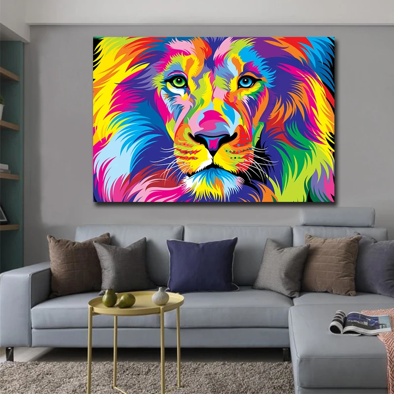 Large Size Abstract Colorful HD Print Canvas Lion Animal Oil Paintings Modern Wall Art Posters For Living Room Home Decor