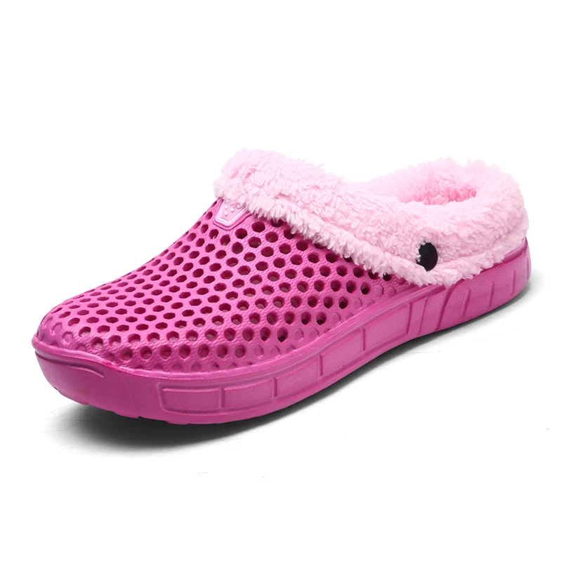 Winter Women Sandals Women Beach Shoes Slippers Solid plush Warm Flip Flop Plush Garden Sandals Clogs Outside waterproof - Цвет: Розовый