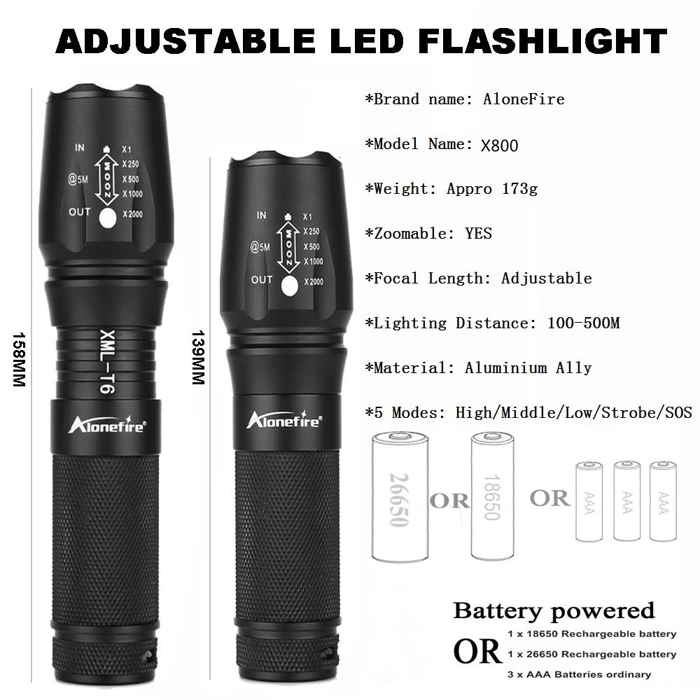

AloneFire Cree X800 XM-L T6 L2 U3 LED Zoom Floodlight Lantern Hunting Tactical Flashlight Torch AAA 18650 26650 Li-ion Battery