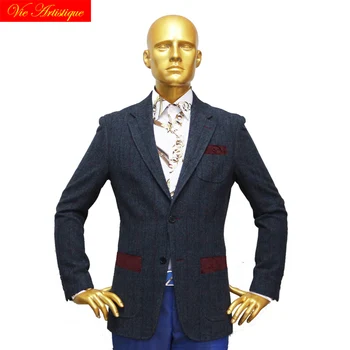 

custom tailor made Men's bespoke suits business formal wedding ware 2 pieces Jacket coat pant navy plaid fine heavy tweed wool