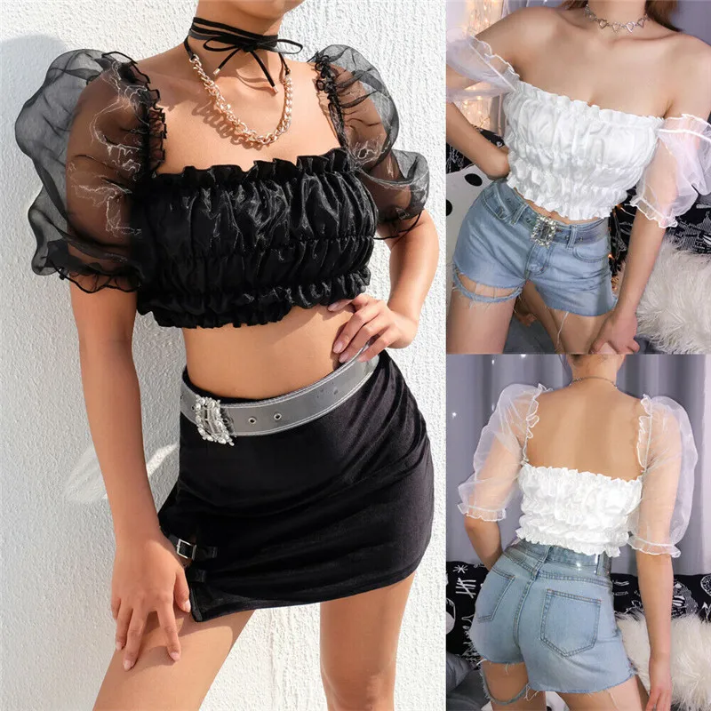 

2019 New Sweet Womens Girls Summer Crop Tops Mesh Short Puff Sleeve Low-cut T-Shirt Tops Slim Ladies Midriff-baring Tops