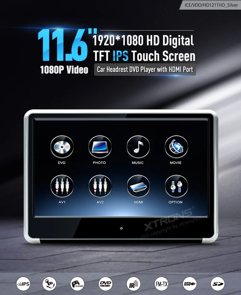 Xtrons 1 Мониторы 11.6 дюймов HD цифровой TFT IPS Touch 1080 P видео подголовник автомобиля dvd-плеер HDMI Порты и разъёмы FM -TX USB игры + 1 Наушники