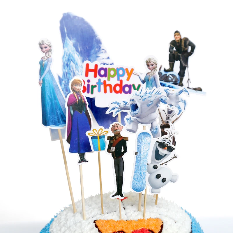 

1Set/Pack Happy Birthday Party Girls Favors Cute Elsa Anna Pattern Cupcake Toppers With Sticks Decorate Baby Shower Cake Topper