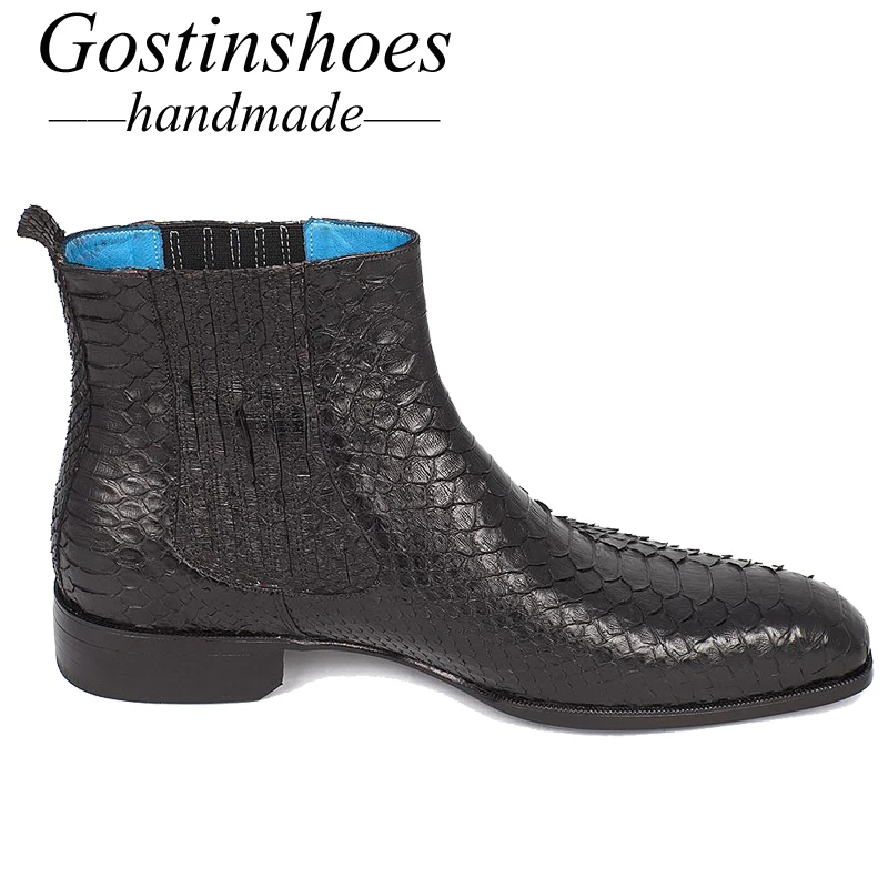 GOSTINSHOES HANDMADE Goodyear Welted Luxury Men Shoes Black Genuine Snakeskin Mens Boots Work Safty Ankle Boots Slip-On SCF30