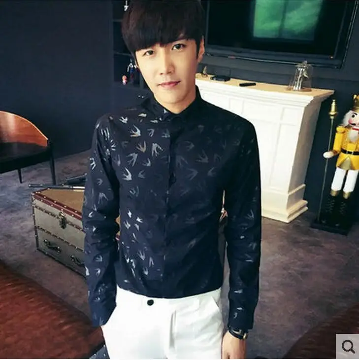 M XXL ! 2016 Men's clothing Autumn slim print long sleeve shirt male