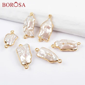 

BOROSA 10PCS Gold Color Freeform Natural White Pearl Connector Natural Freshwater Pearl Double Charms Jewelry for Bracelet G1674