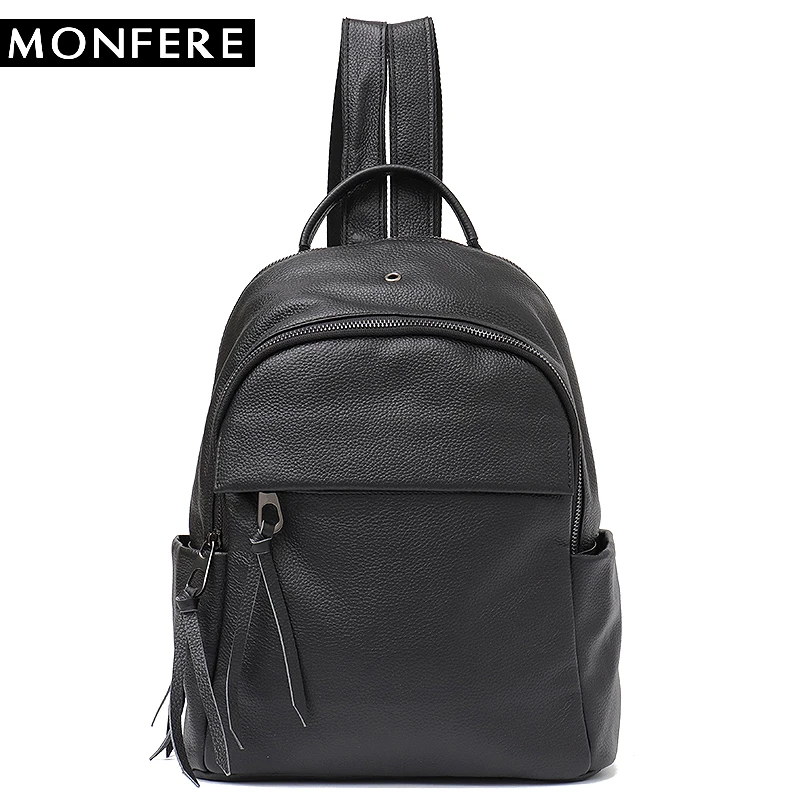 

MONFERE Fashion Women Backpack Cow Leather Youth Leather Backpacks Teenage Girls Female Multi Pocket School Shoulder Bag Bagpack