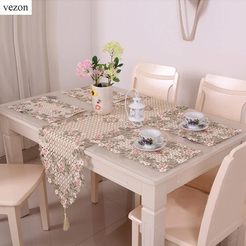 

vezon Sale Elegant Floral Full Embroidery Table Runner Decoration Flag Runners Dining Room Cutwork Embroidered Cloth Placemats