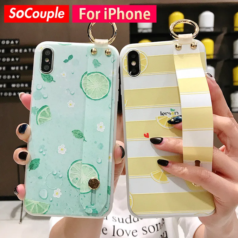 

SoCouple Wrist Strap Phone Case For iphone Xs max 11 Pro Max Case For iphone X Xs XR 6 6S 7 8 plus Fruit Lemon Soft TPU Case