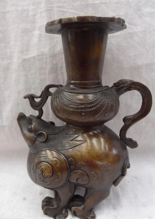 JP S0610 9" Chinese Bronze Buddhist Dragon Phoenix Head Mouse Statue Unicorn Zun Potpotpot