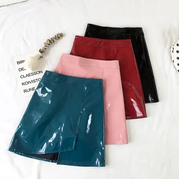 

Sexy Women Fashion High Waist Stretchy PU Leather Short Solid A-line Mini Skirt Korean Wild Party Skirts faldas mujer moda 2018