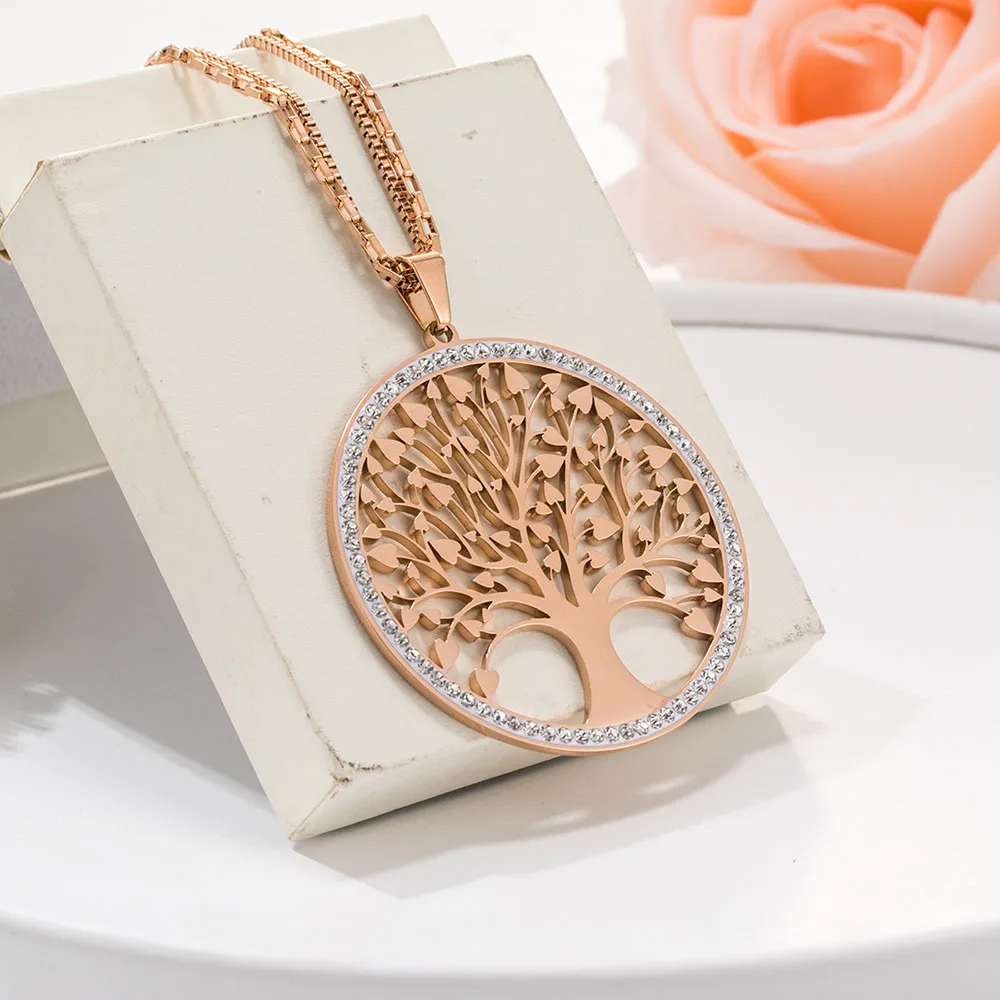 Gold Tree Of Life Big Round Pendant Necklace With Rhinestone Geometry Stainless Steel Long Necklaces for Women Jewelry New - Окраска металла: rose gold