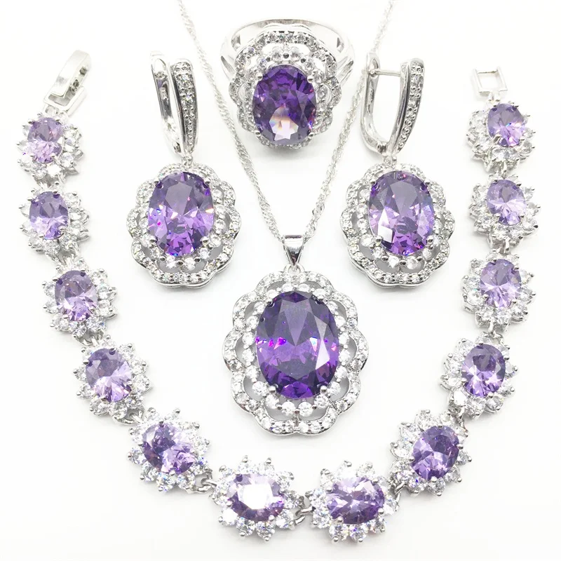 925 Silver Bridal Jewelry Purple Zircon Sets For Women Wedding Earrings/Pendant/Necklace/Rings/Bracelet | Украшения и аксессуары