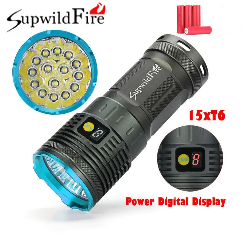 

Supwildfire 50000LM 15 x XM-L T6 LED Power Digital Display Outdoor Bicycle Riding Hunting Flashligt Super Bright Light Lamp P50