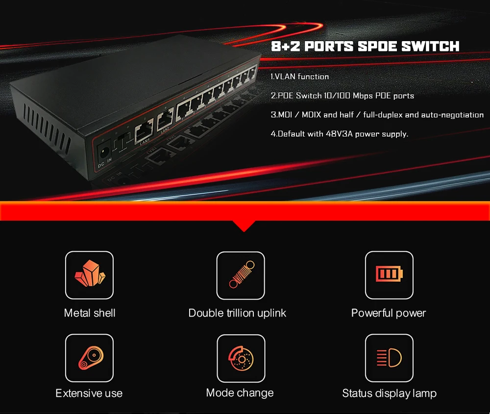 Новые 8+ 2 Порты Spoe переключатель 250 м POE Мощность над Ethernet-коммутатор POE, сетевые для IP Камера 10/100 Мбит сетевой Vlan умный переключатель