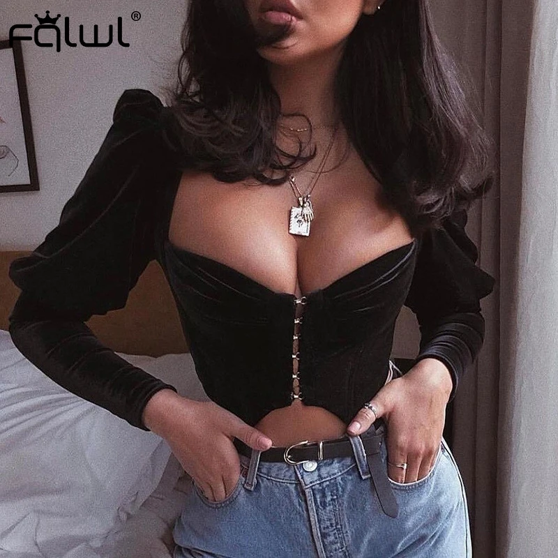 

FQLWL Velvet Black Female T shirt Women Crop Top Puff Long Sleeve V Neck Flannel Short T-Shirts Summer Cropped Sexy Tee Tshirt