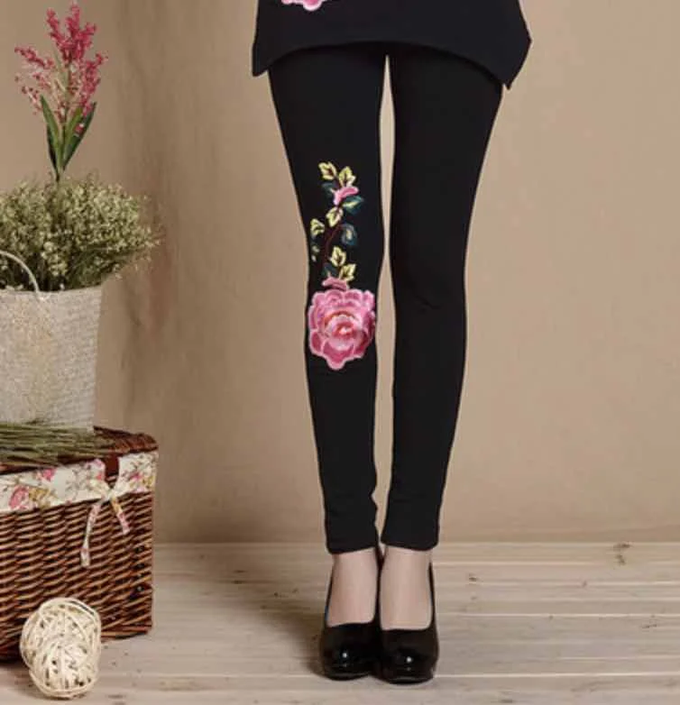 M, L, XL, XXL, 3XL, черные, белые вышитые Леггинсы для женщин, весна-осень, богемные вышитые цветы, узкие брюки, этнические брюки - Цвет: only leggings