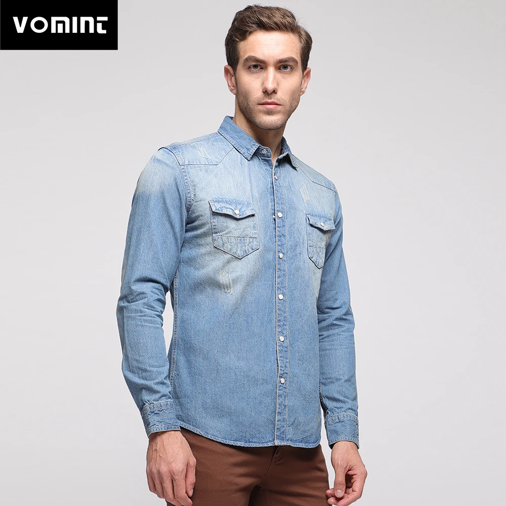 

Vomint 2019 New Autumn Mens Denim Jacket Shirt Single Breasted Loose Fit Thicken Fabric Light Blue Big Men Plus Size M-3XL JC361
