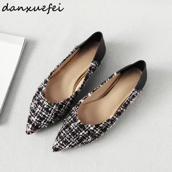 

Women's spring new Black and white plaid flats pointed toe slip-on mules high quality female comfortable ballerinas shoes sale