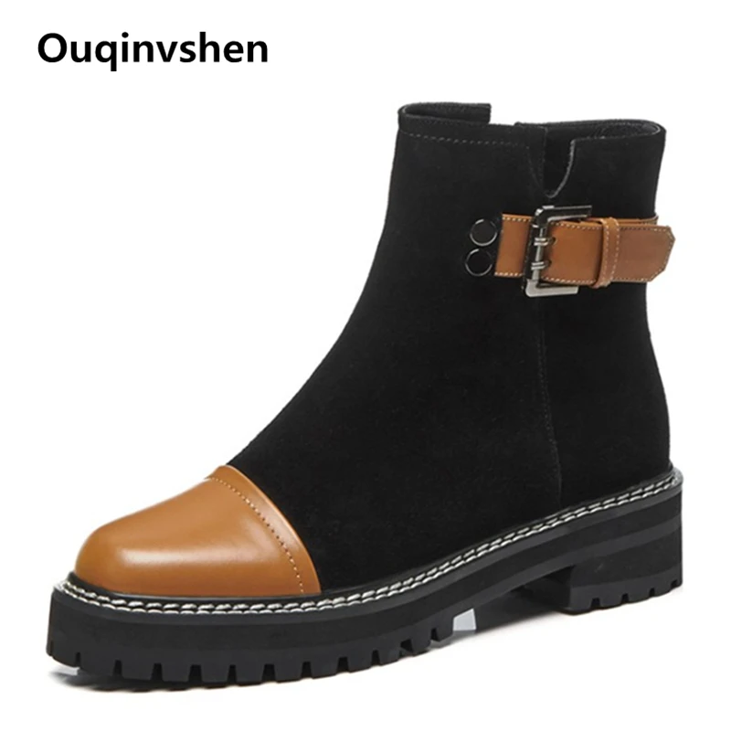 

Ouqinvshen Rivet Buckle Strap Martin Boots Fashion Concise Platform Autumn Winter Boots Women Mixed Colors Zipper Heels Boots