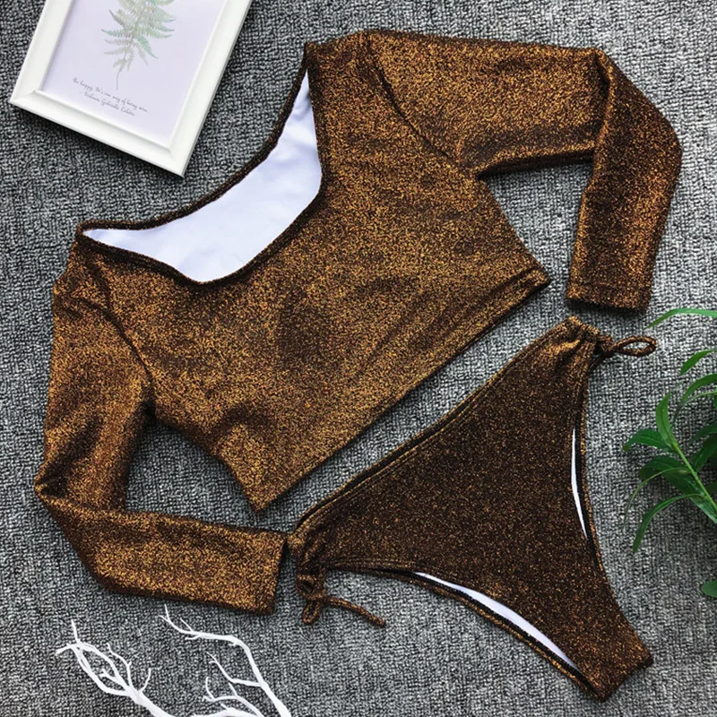 

Sexy Long sleeve bikini 2019 Shiny swimsuit women High cut Leg bathing suit bathers thong swimwear push up Brazilian bikini set