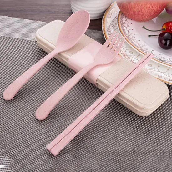 

Portable Reusable Wheat Straw Spoon Fork Chopsticks Travel Cutlery Set environment-friendly Tableware Pink