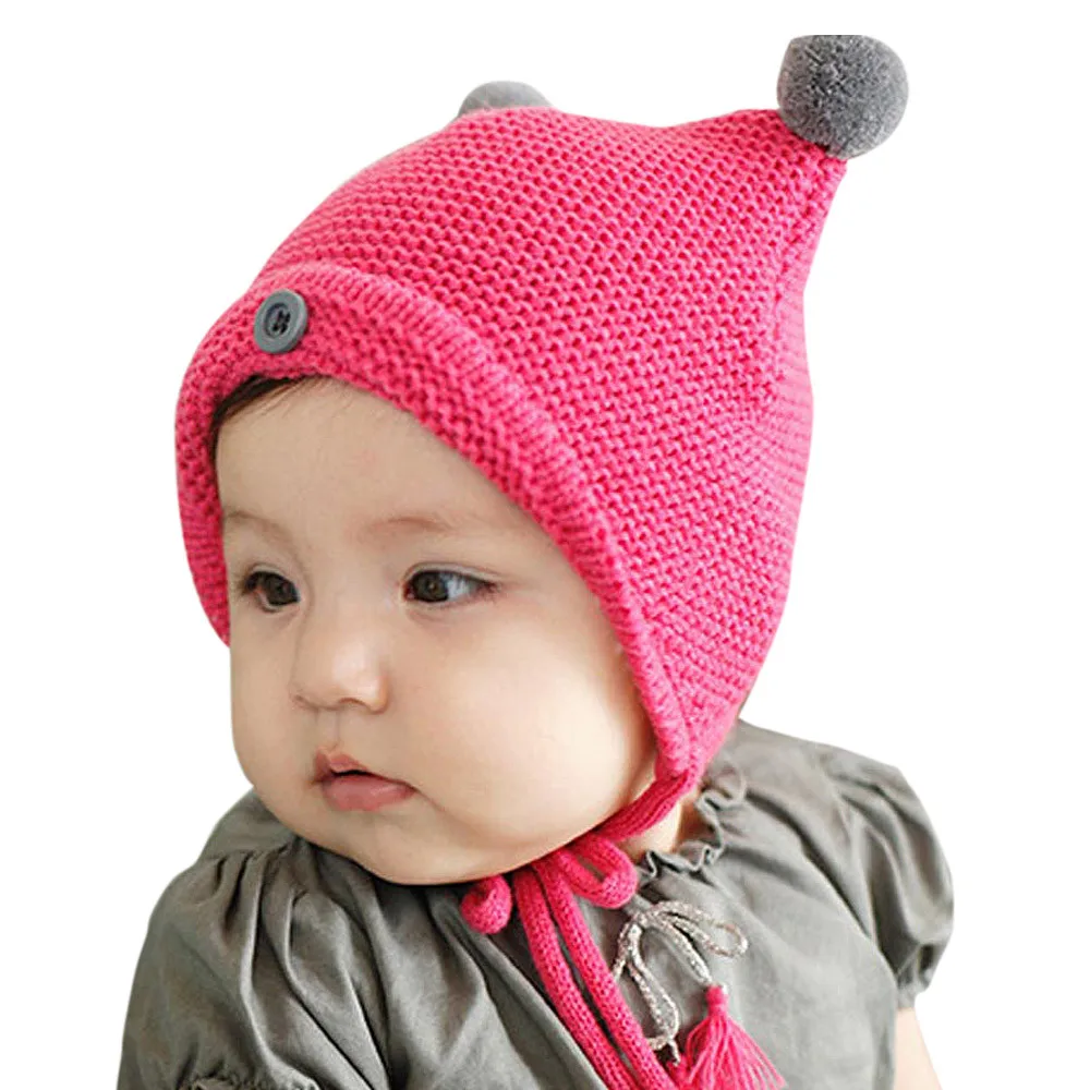 Lovely Cute Baby Toddler Kid Hats Boys Girls Button Fur Ball Knitted