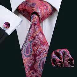 LS-552 Новое поступление 2016 г. Для мужчин галстук 100% шелк красный Пейсли жаккардовые галстук + платок + Запонки Набор для формальной свадьбы