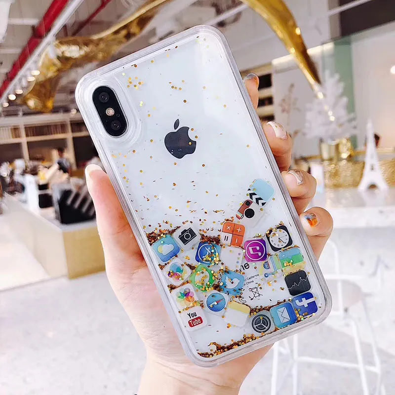 Diamond Glitter Liquid Mobile Apps Icon Clear Case Cover For iPhone 8 Plus 7 X 6s XR XS Max Bling Dynamic Quicksand Phone Coque  (5)