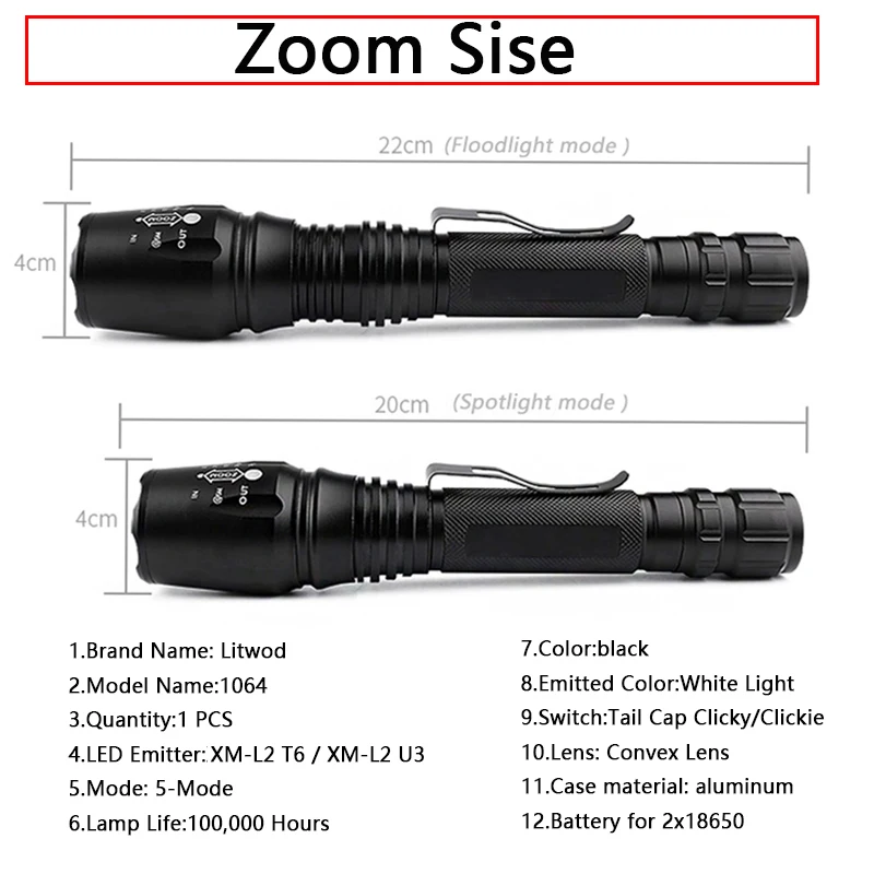 Litwod Z20 CREE XLamp XHP50 XM-L U3 & T6 LED tactical Flashlight Torch Hard Light Zoom hunting light power by 18650 battery