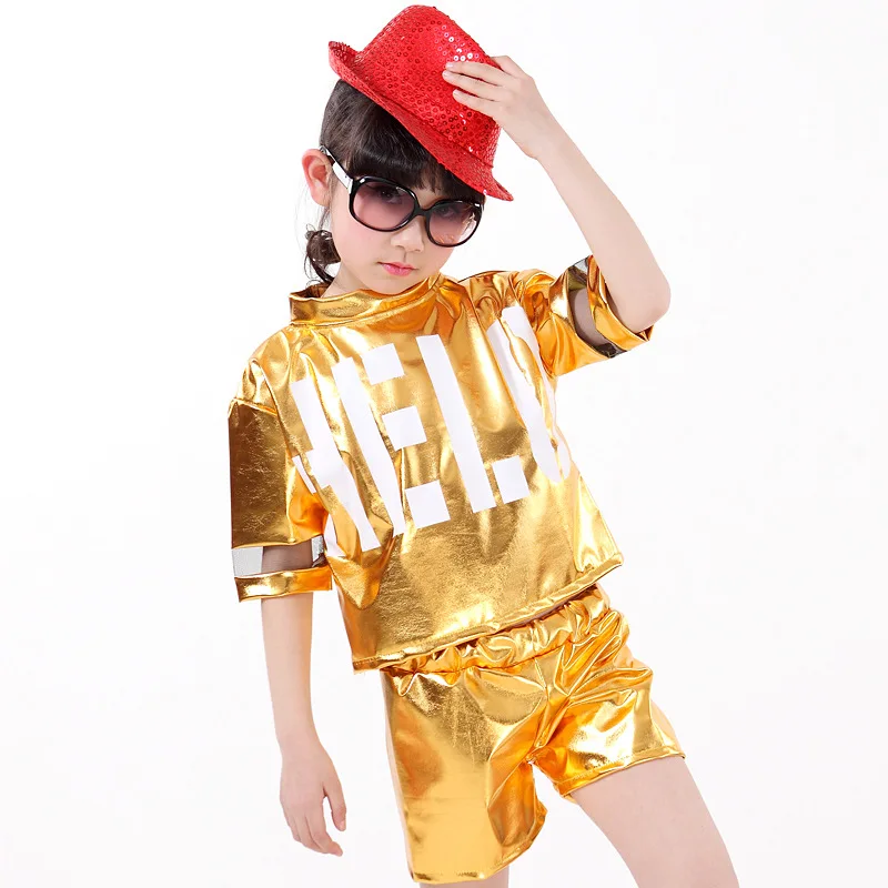 

2016 Girls Laser Glossy Clothes Set for Summer Sport Short Sleeve+Short Pants Girl Summer School Perform Hip-Hop Clothing Set