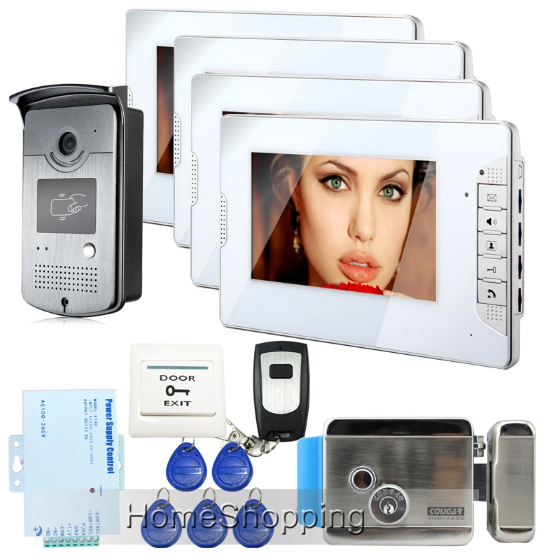 

FREE SHIPPING 7" Video Intercom Home Door Phone System 4 White Monitor 1 HD Doorbell ID Reader Camera E-LOCK In Stock Wholesale
