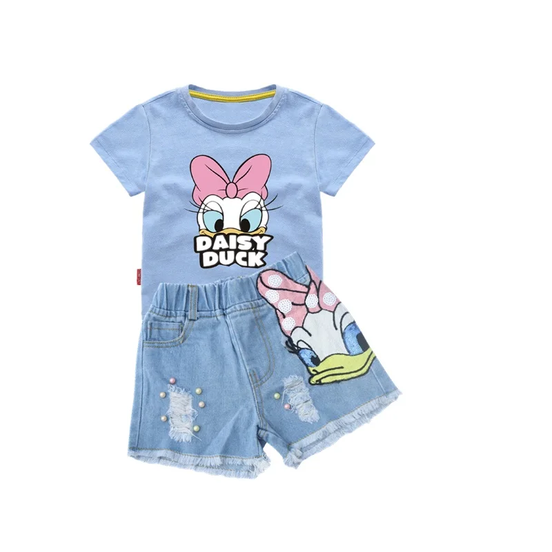 Одежда для девочек; летняя рубашка с рисунком утки из мультфильма и рваные джинсовые шорты с блестками; комплект одежды для маленьких девочек; детская одежда