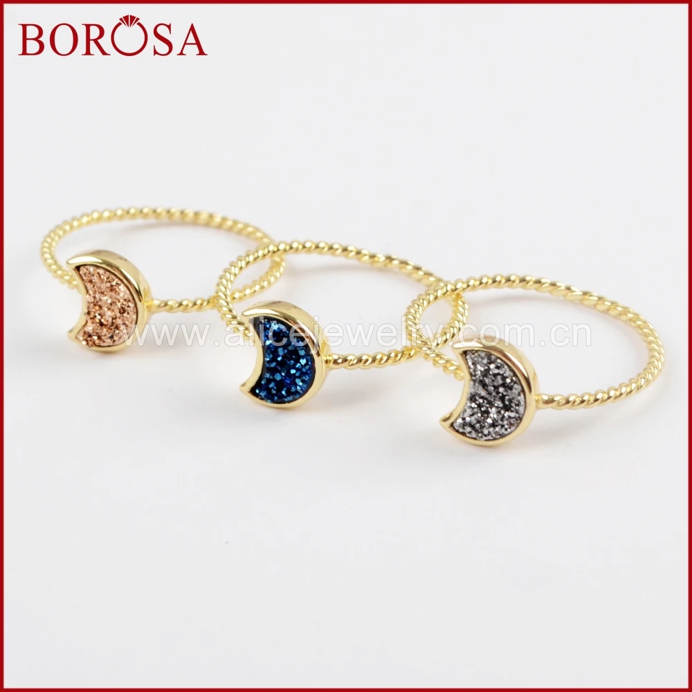 

BOROSA 10PCS Gold Color Moon Shape Rainbow Druzy Rings, Mixed Colors Natural Titanium Drusy Bezel Ring Gems Jewelry ZG0295