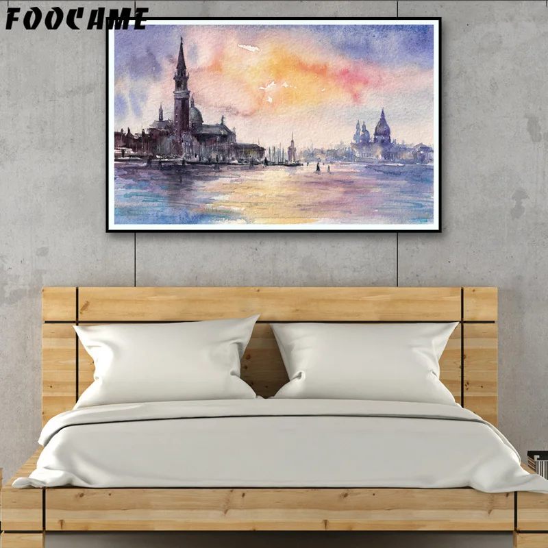 332 48 De Réductionfoocame Bord De Mer Coucher De Soleil Aquarelle Affiches Et Impression Art Toile Peinture Décoration Maison Mur Photos Pour