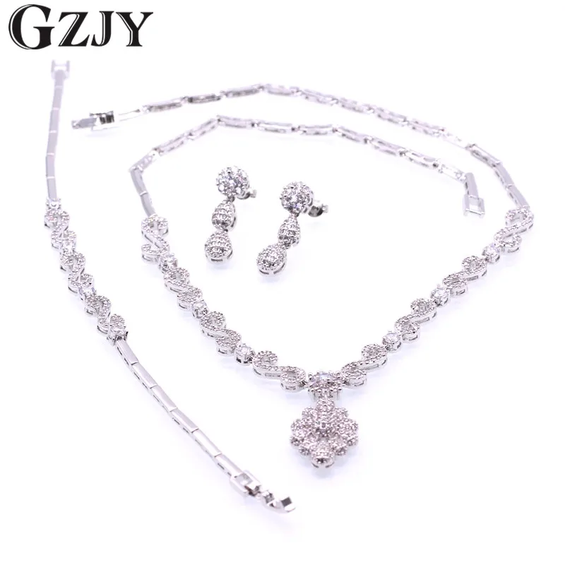 

GZJY Gorgeous Shining White Gold Color AAA Zircon Necklace Earring Bracelet For Women Bridal Wedding Jewelry Sets
