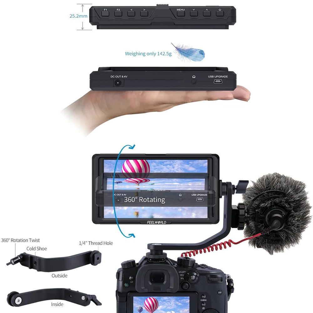 FEELWORLD F5 5" DSLR Camera Field Monitor 4K HDMI Full HD 1920x1080 IPS Video Peaking Focus Assist NP750 Battery + Charger